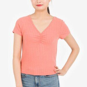 JR255 Hippie Rose Melon Slice Juniors' Pointelle Ruched-Front Top Size S